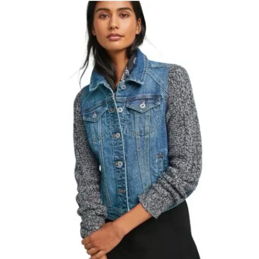Anthropologie and the Letterpress Cropped Denim Jacket with Gray Sweater Sleeves